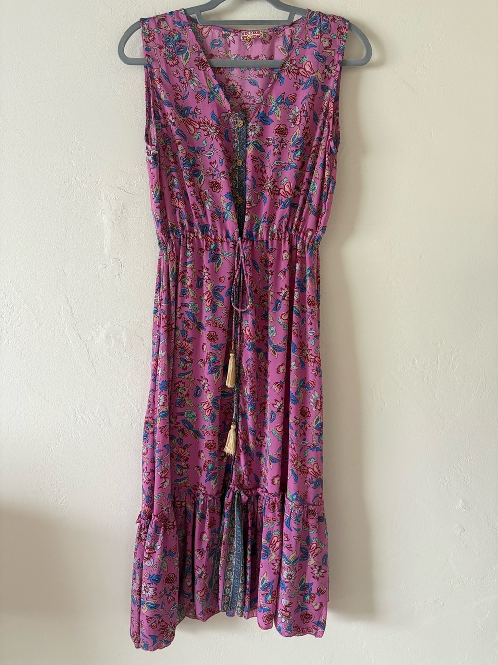 Ibiza Style Pink Floral Boho Maxi Dress with Tassel Art Silk OS Beach Resort